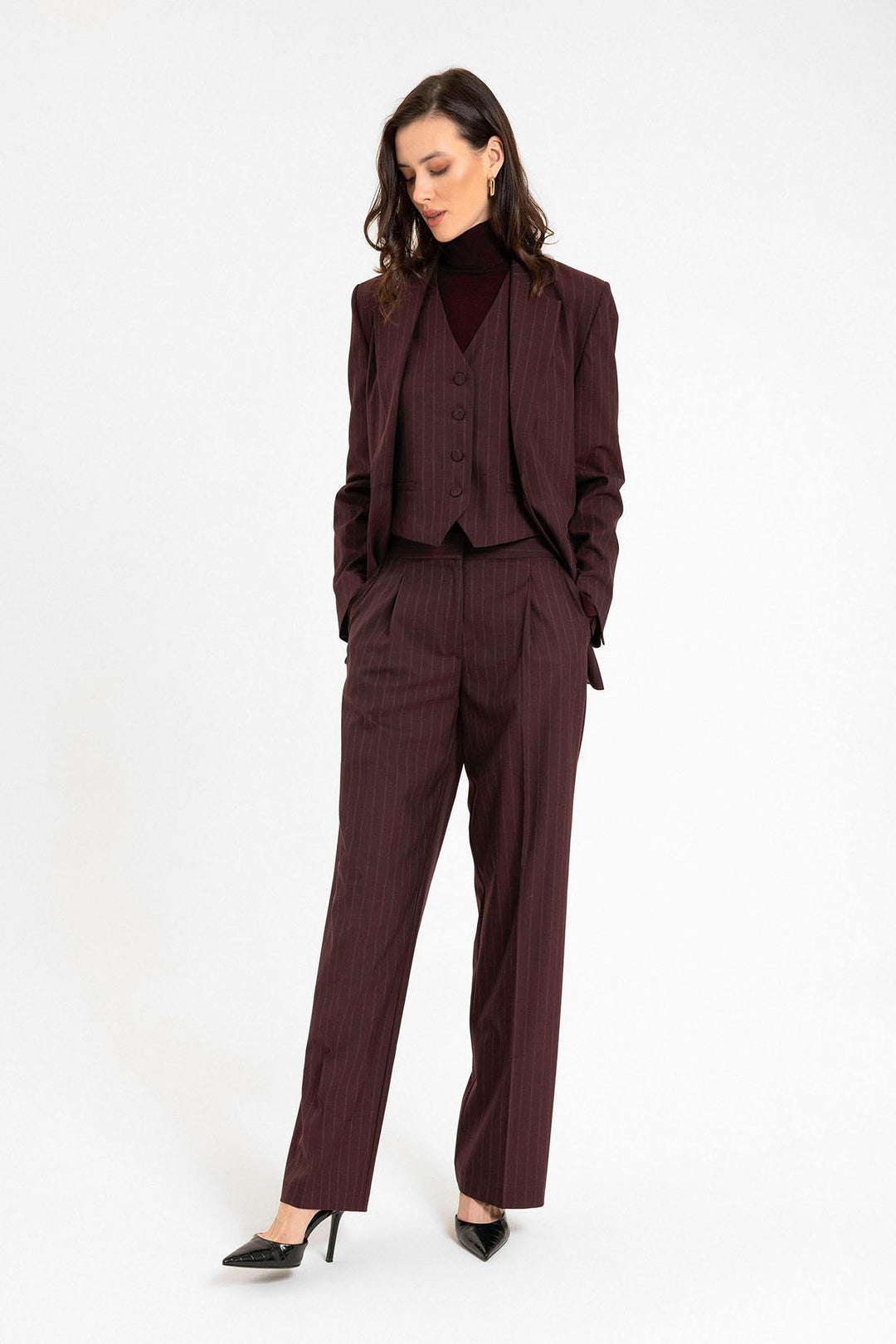 ANT Antioch Bordo Kadın Tek Düğme Çizgili Blazer Ceket - West Palm Beach