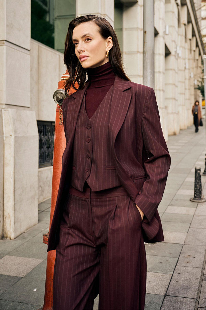 ANT Antioch Bordo Kadın Tek Düğme Çizgili Blazer Ceket - West Palm Beach