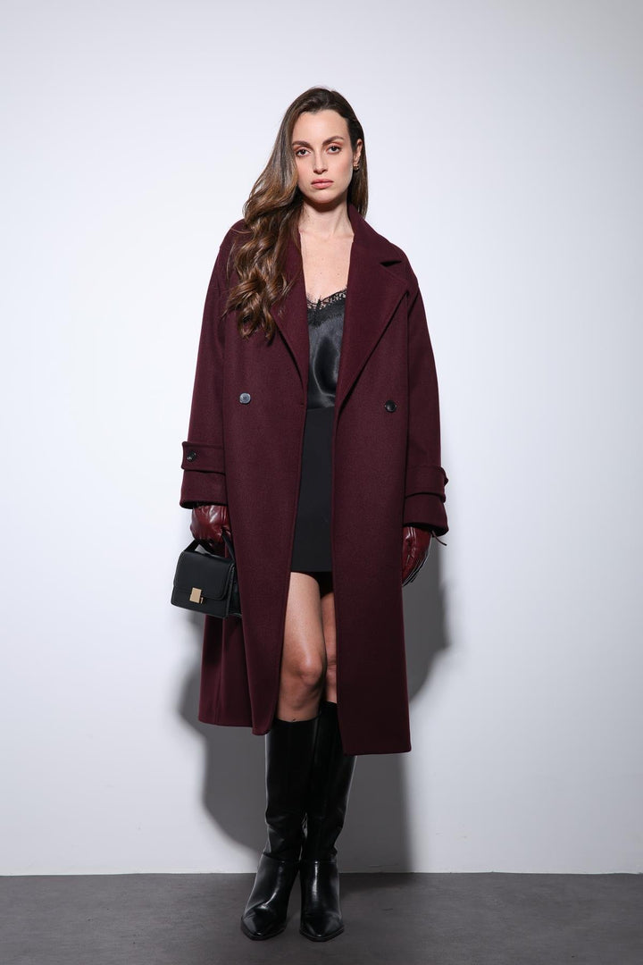 ANT Antioch Bordo Kadın Yumuşak Dokulu Oversize Kruvaze Kaban - Brianka