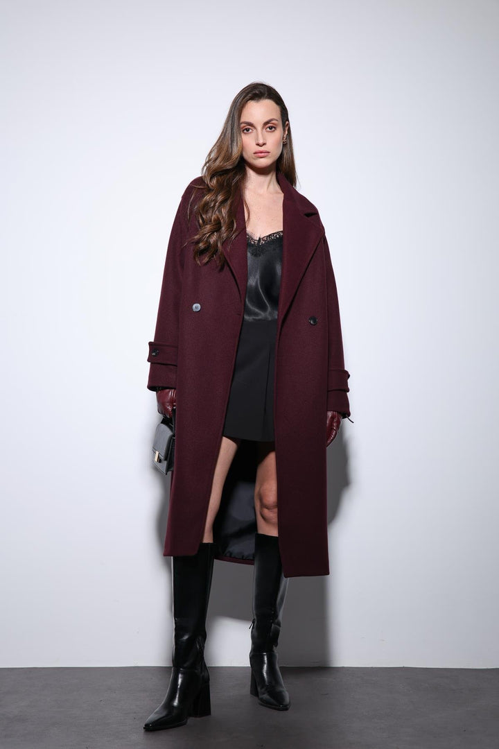 ANT Antioch Bordo Kadın Yumuşak Dokulu Oversize Kruvaze Kaban - Brianka