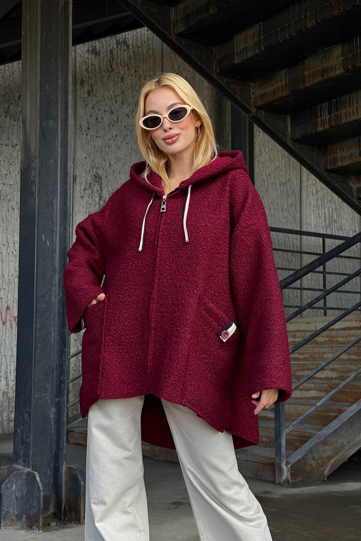 Burgundy Hooded Double Pocket Oversized Bouclé Jacket Coat BCVL-25V605 - Mooresville
