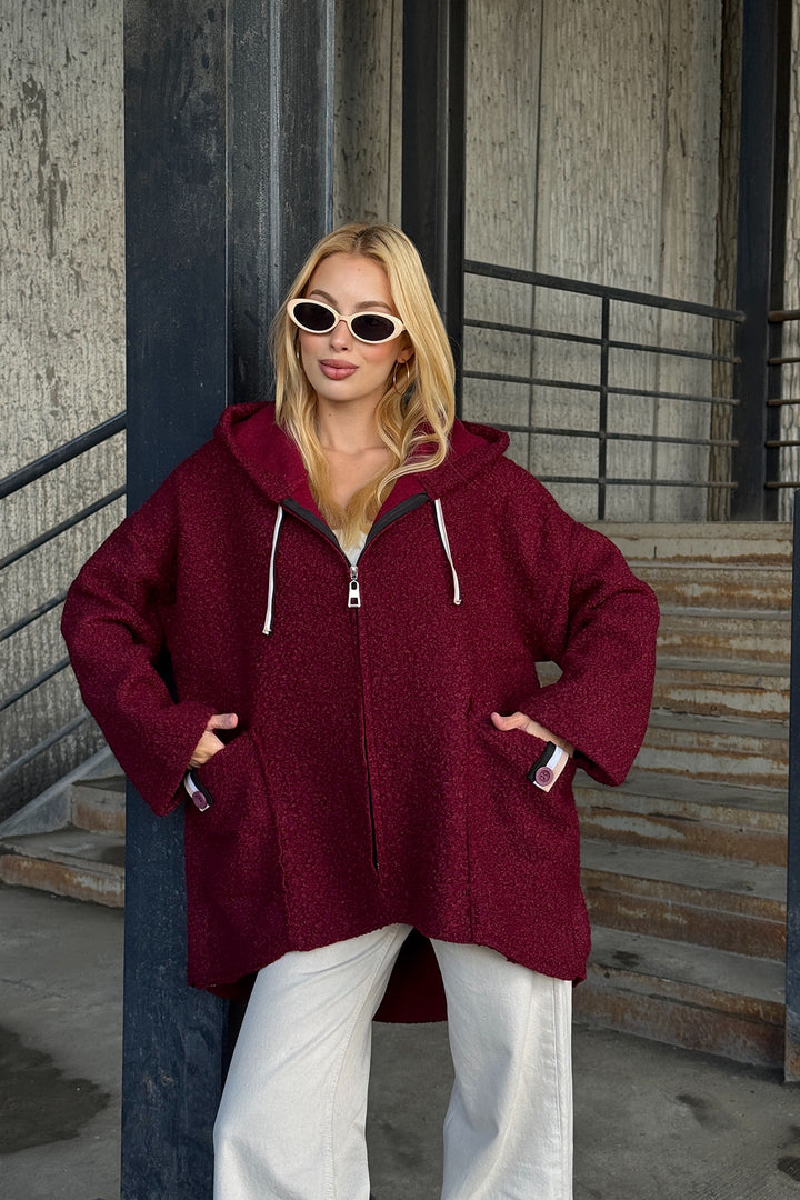 Burgundy Hooded Double Pocket Oversized Bouclé Jacket Coat BCVL-25V605 - Mooresville