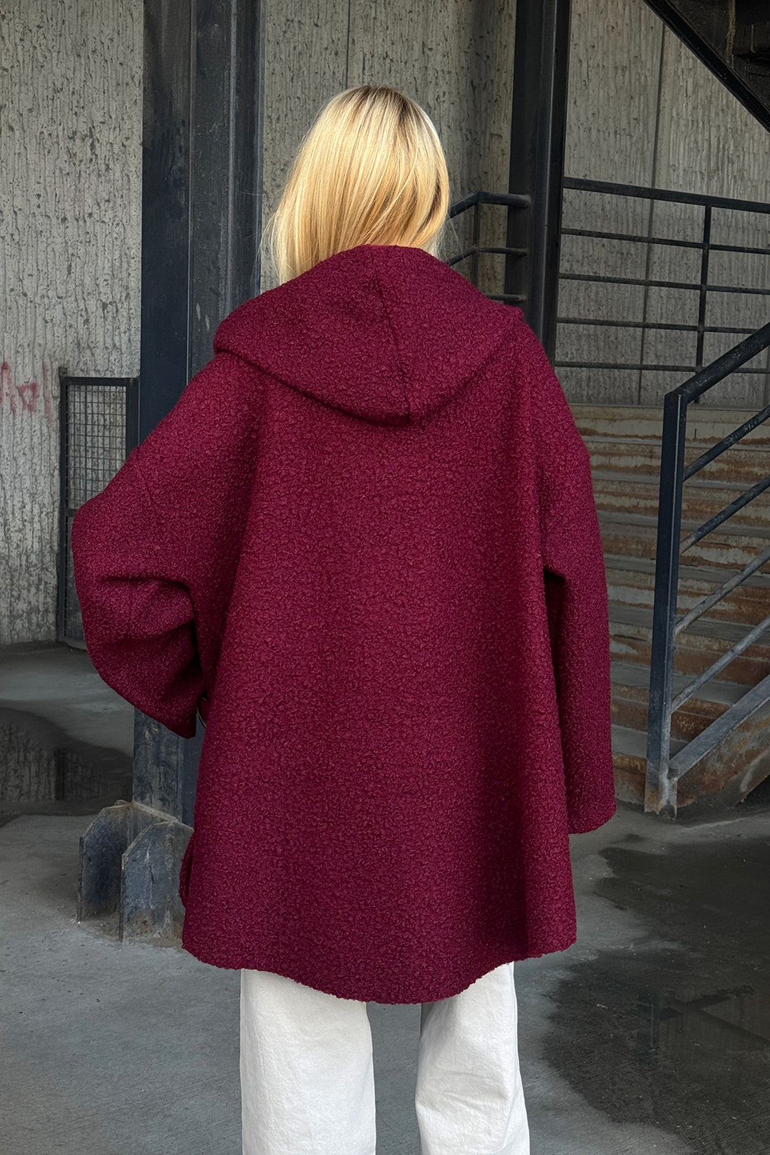 Burgundy Hooded Double Pocket Oversized Bouclé Jacket Coat BCVL-25V605 - Mooresville