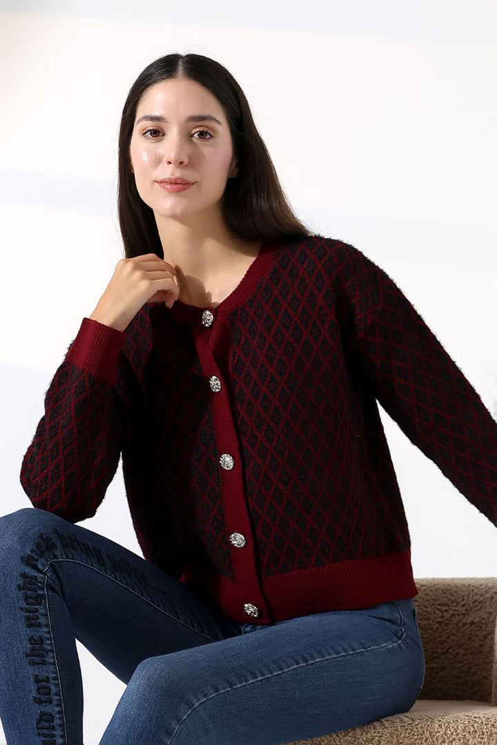 Burgundy Square Line Patterned Buttoned Cardigan BCES-252004 - Călăraşi