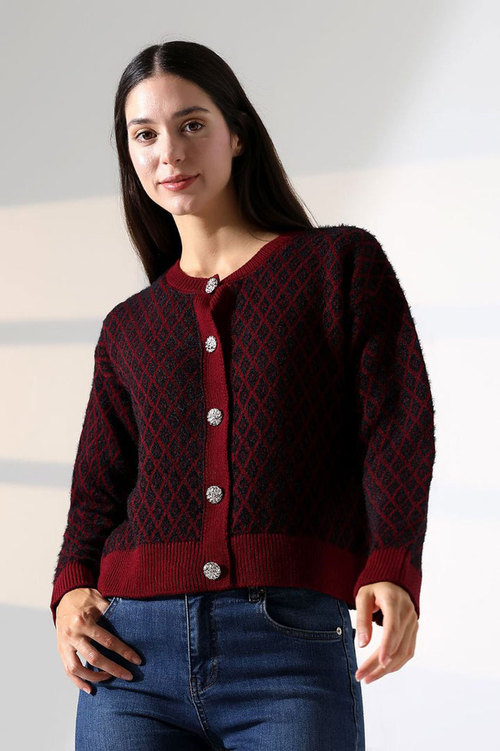 Burgundy Square Line Patterned Buttoned Cardigan BCES-252004 - Călăraşi