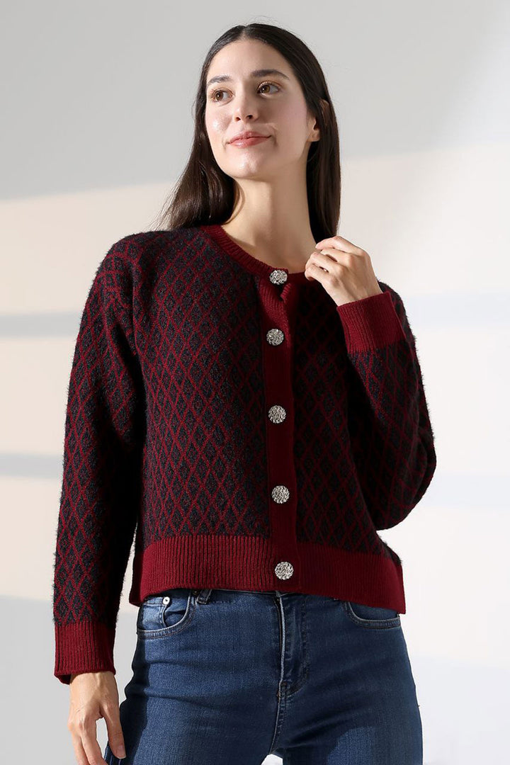 Burgundy Square Line Patterned Buttoned Cardigan BCES-252004 - Călăraşi
