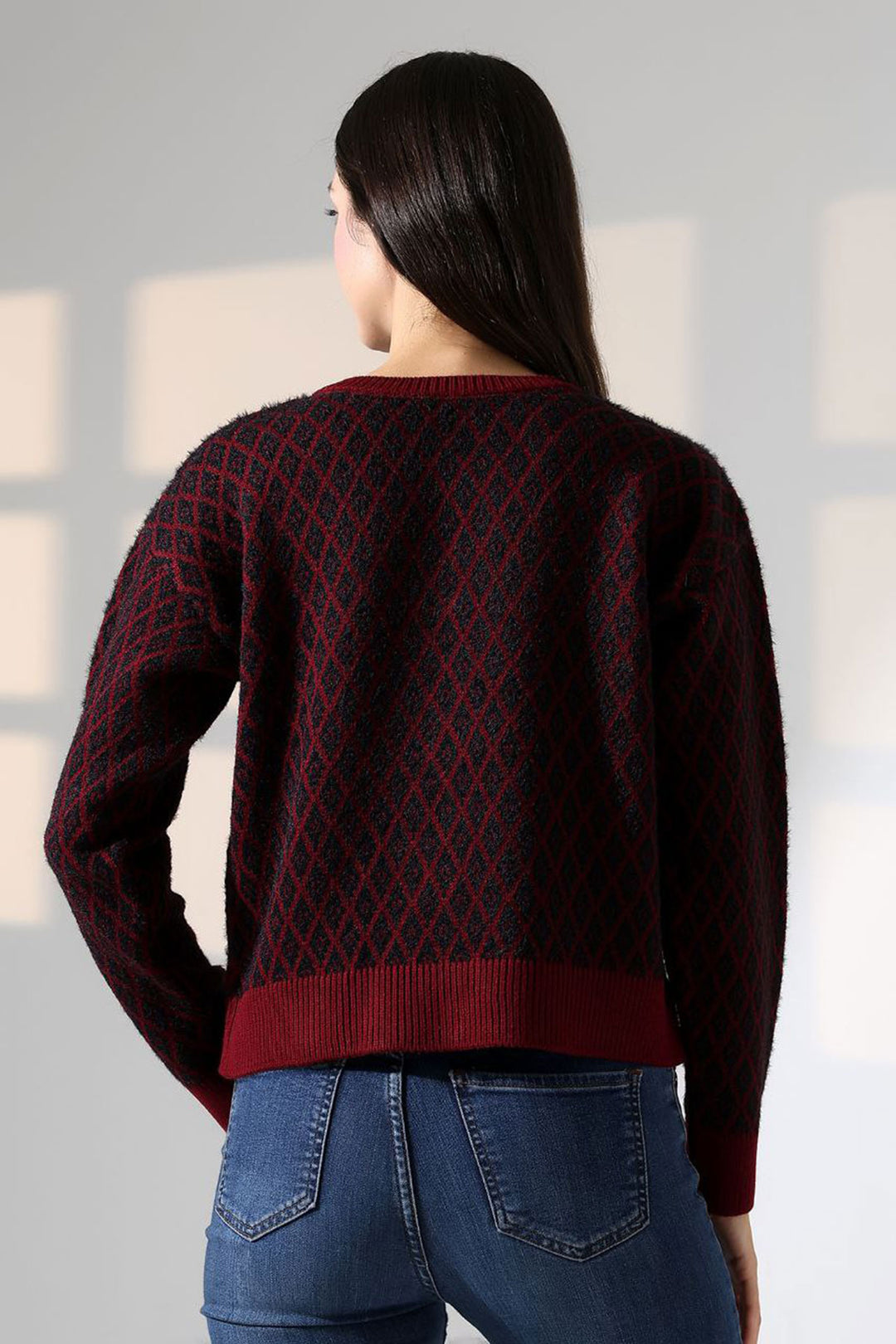 Burgundy Square Line Patterned Buttoned Cardigan BCES-252004 - Călăraşi