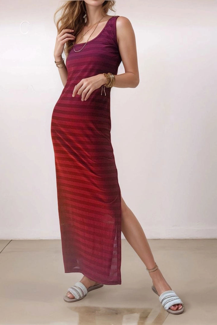 Burgundy Square Neck Comfortable Fit Slit Dress BCBSK-25700-3658 - Cork