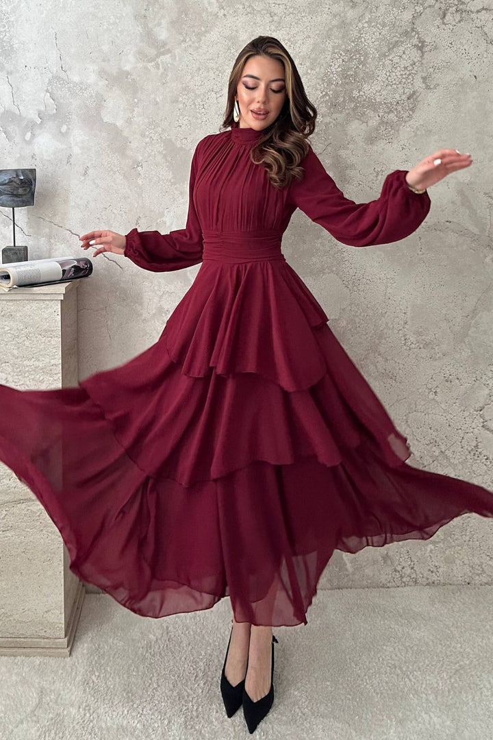 ELS Bordo Kat Kat Bel Detaylı Elbise - Hilversum