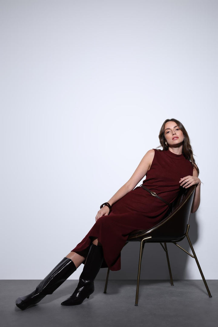 ANT Antioch Burgundy Belted Detailed Women's Midi Dress - Romny