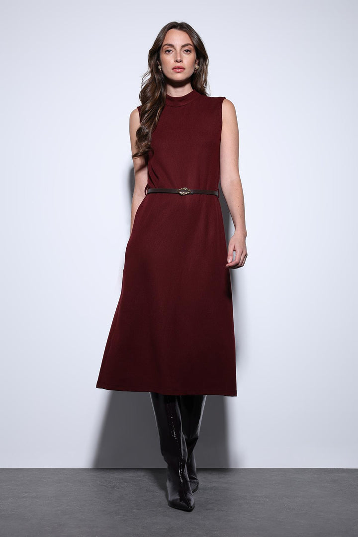 ANT Antioch Burgundy Belted Detailed Women's Midi Dress - Romny
