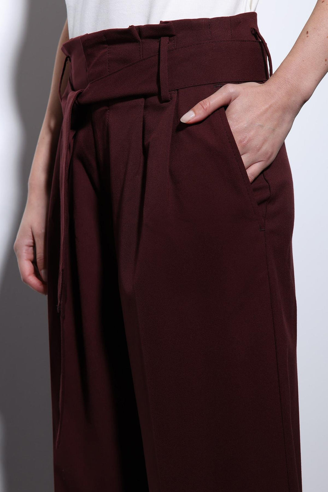 ANT Antioch Wide Leg Women's Pants with Burgundy Belted Pleats - Gorinchem