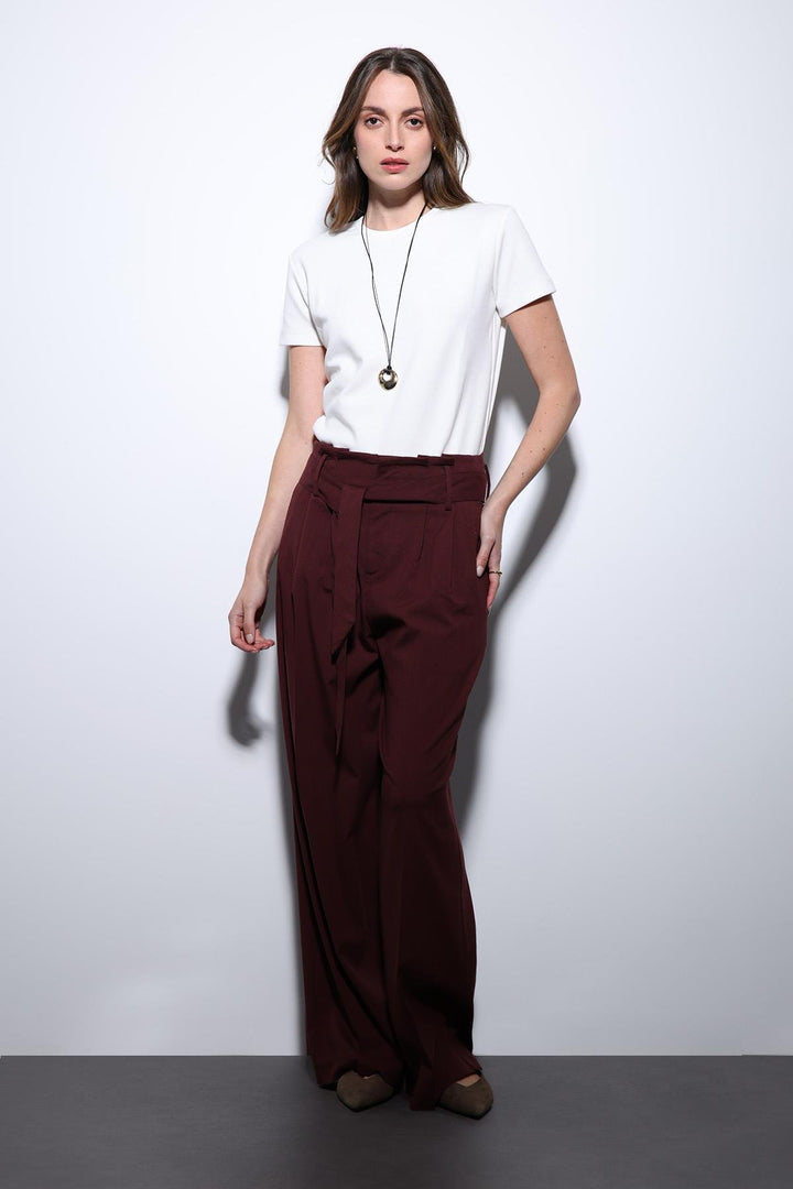 ANT Antioch Wide Leg Women's Pants with Burgundy Belted Pleats - Gorinchem