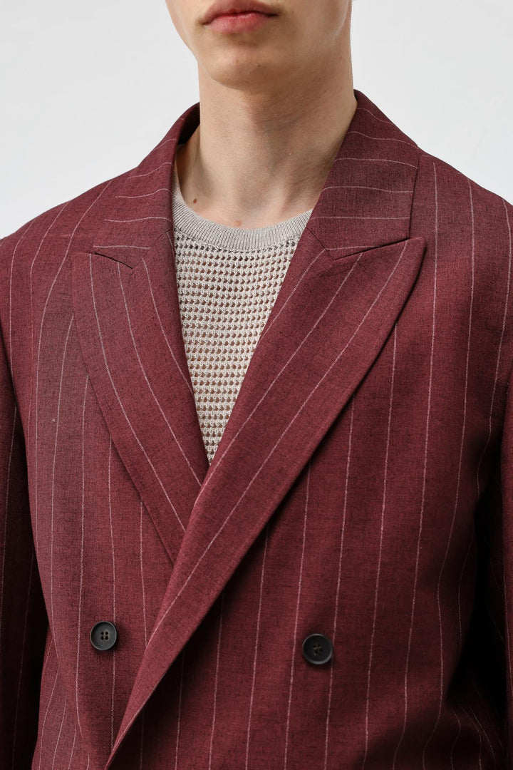 ANT Antioch Bordo Keten Karışımlı Çizgili Erkek Blazer Ceket - Kropyvnytskyi