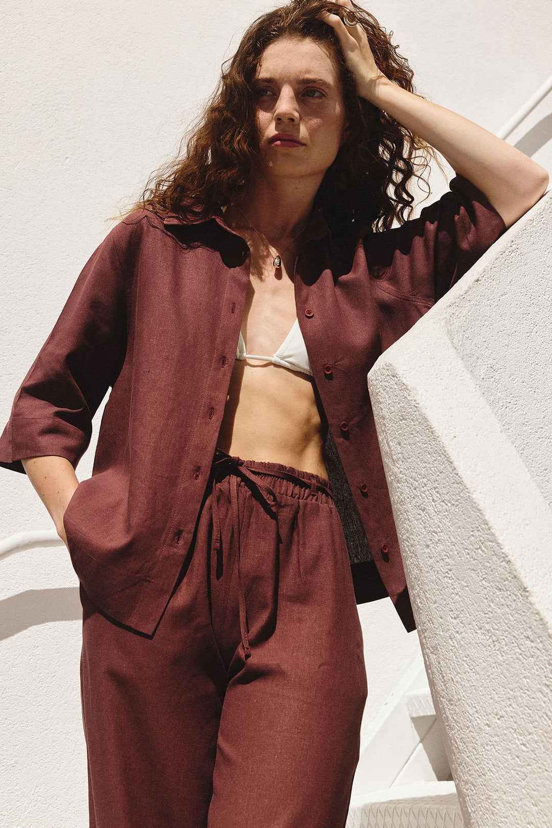 ANT Antioch Bordo Keten Karışımlı Kadın Gömlek - Bryan