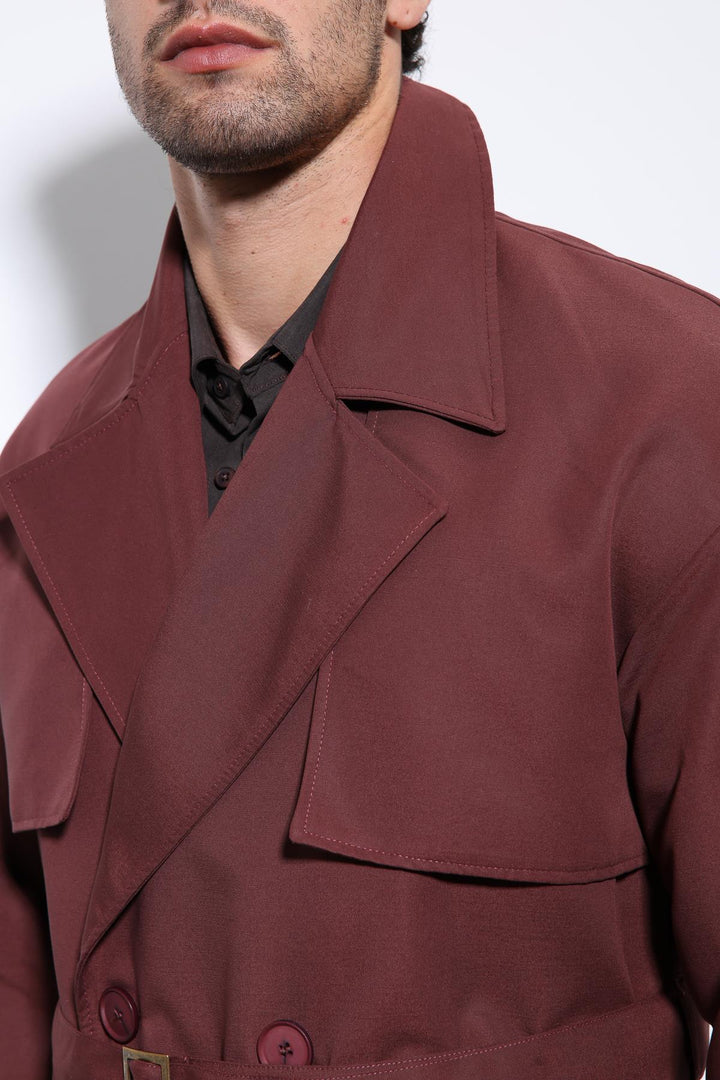 ANT Antioch Bordeaux Double-Breasted Belted Trench Coat - Rock Island