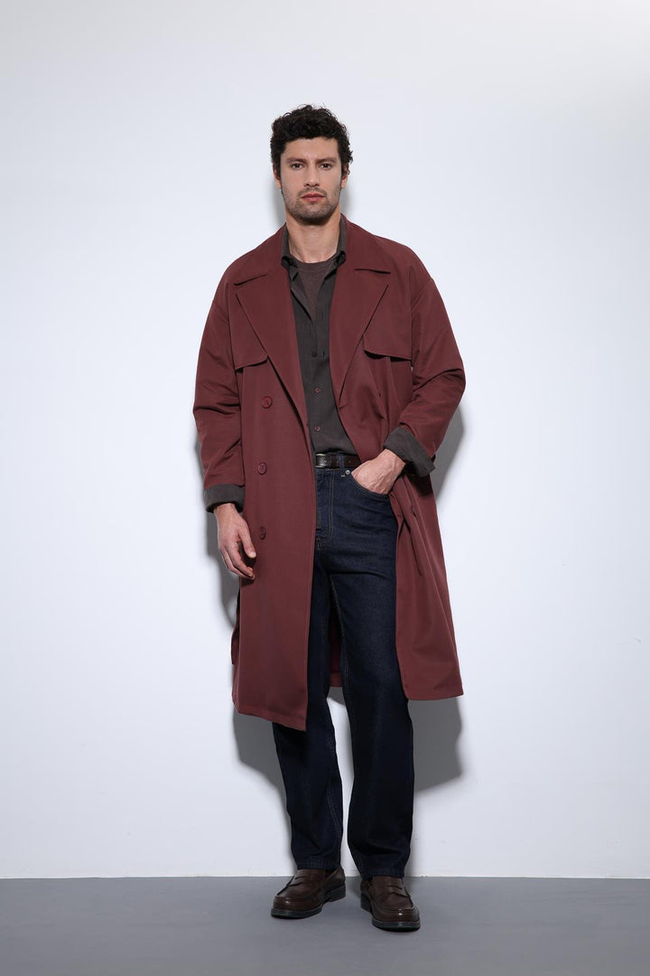 ANT Antioch Bordeaux Double-Breasted Belted Trench Coat - Rock Island