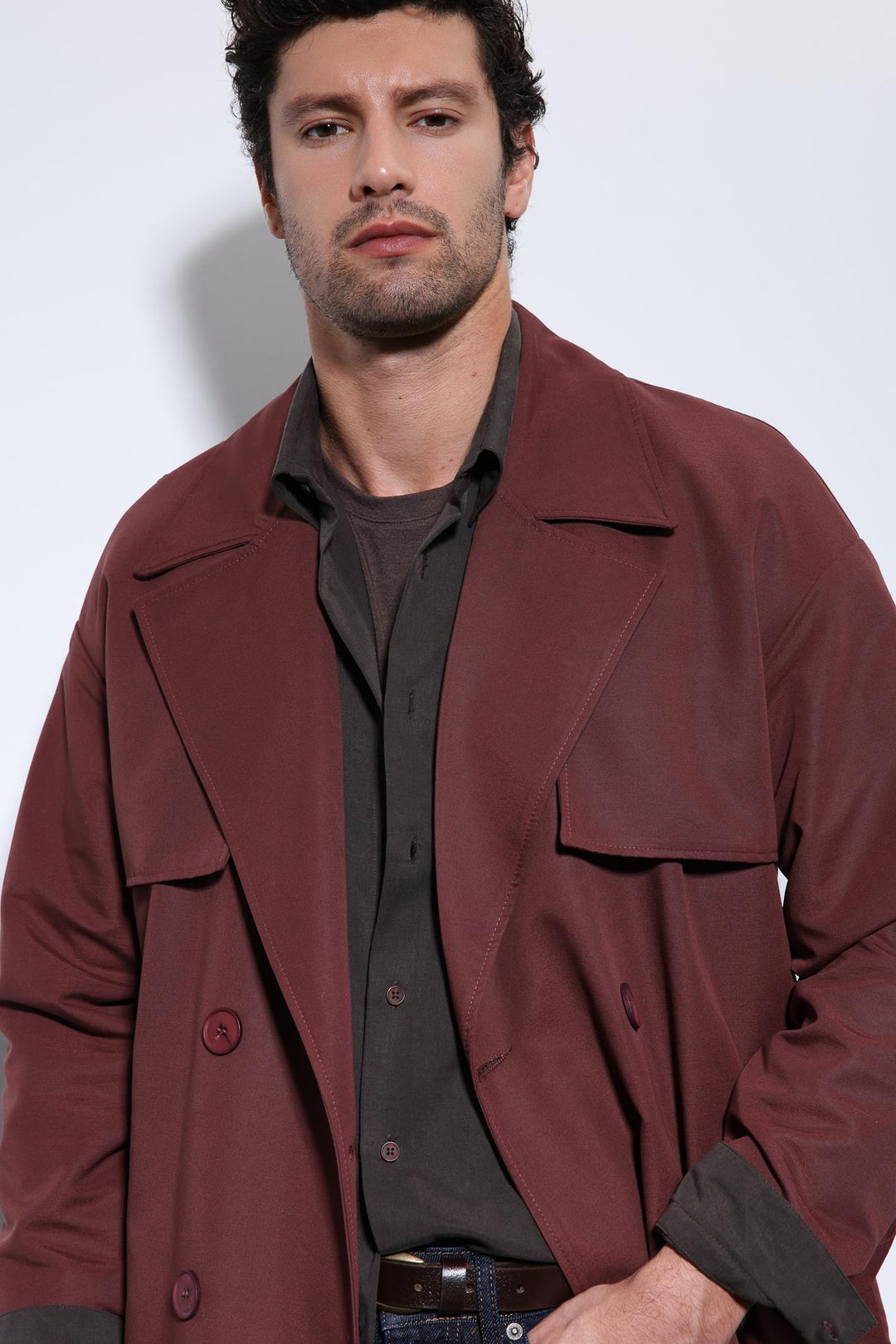 ANT Antioch Bordeaux Double-Breasted Belted Trench Coat - Rock Island