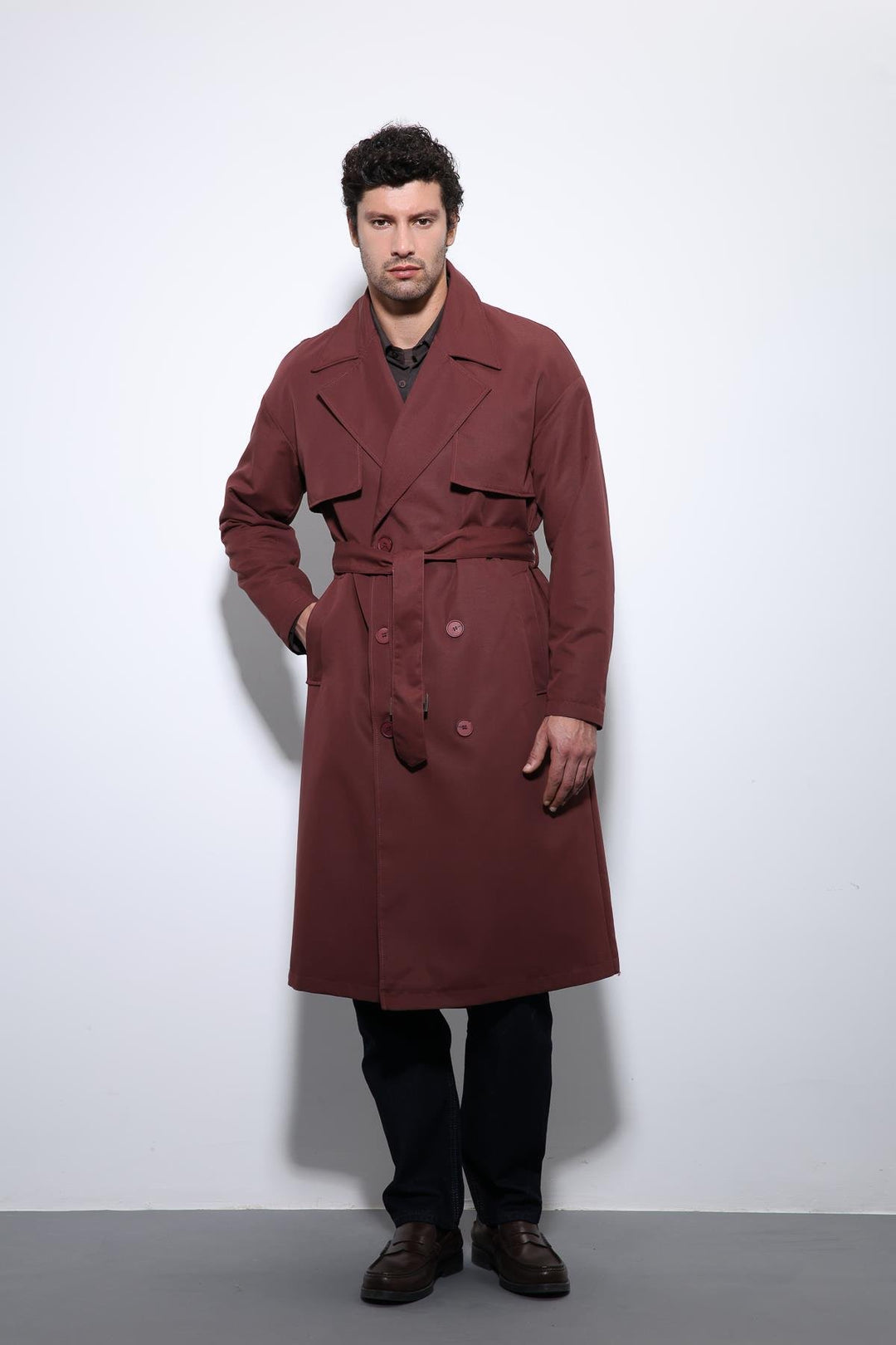 ANT Antioch Bordeaux Double-Breasted Belted Trench Coat - Rock Island