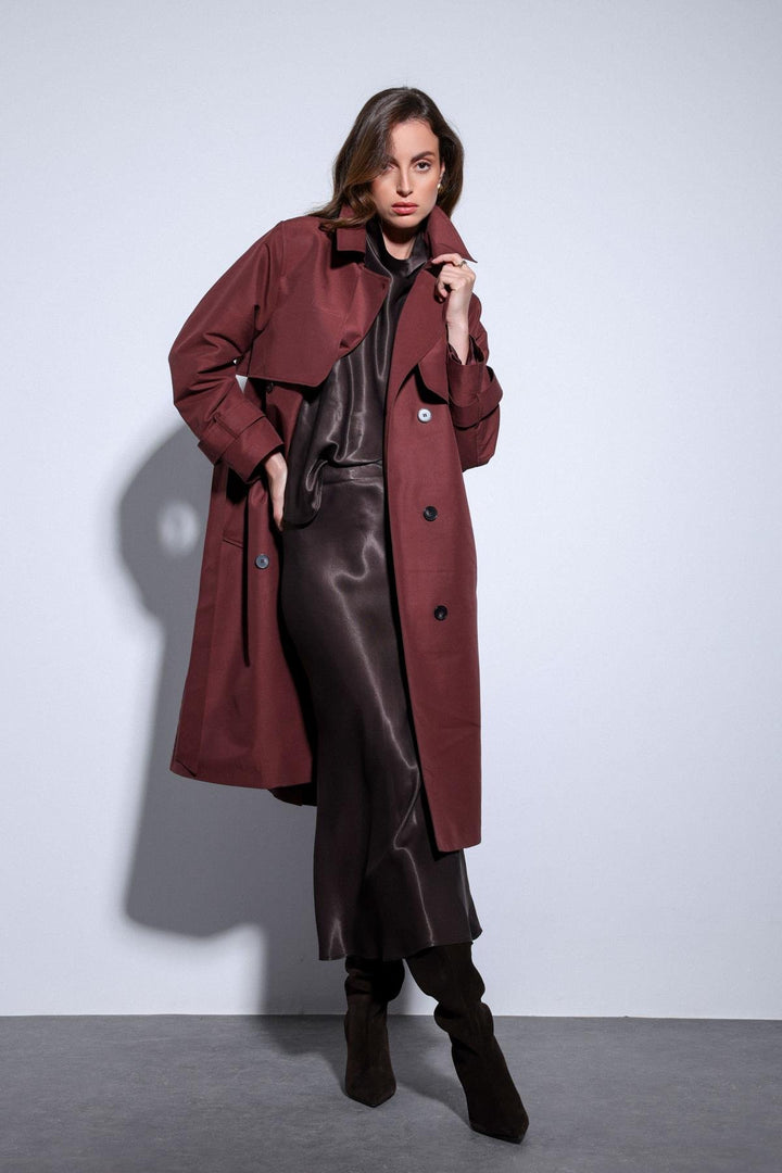 ANT Antioch Bordeaux Trench Coat with Wrap Belt for Women - Cholula de Rivadabia
