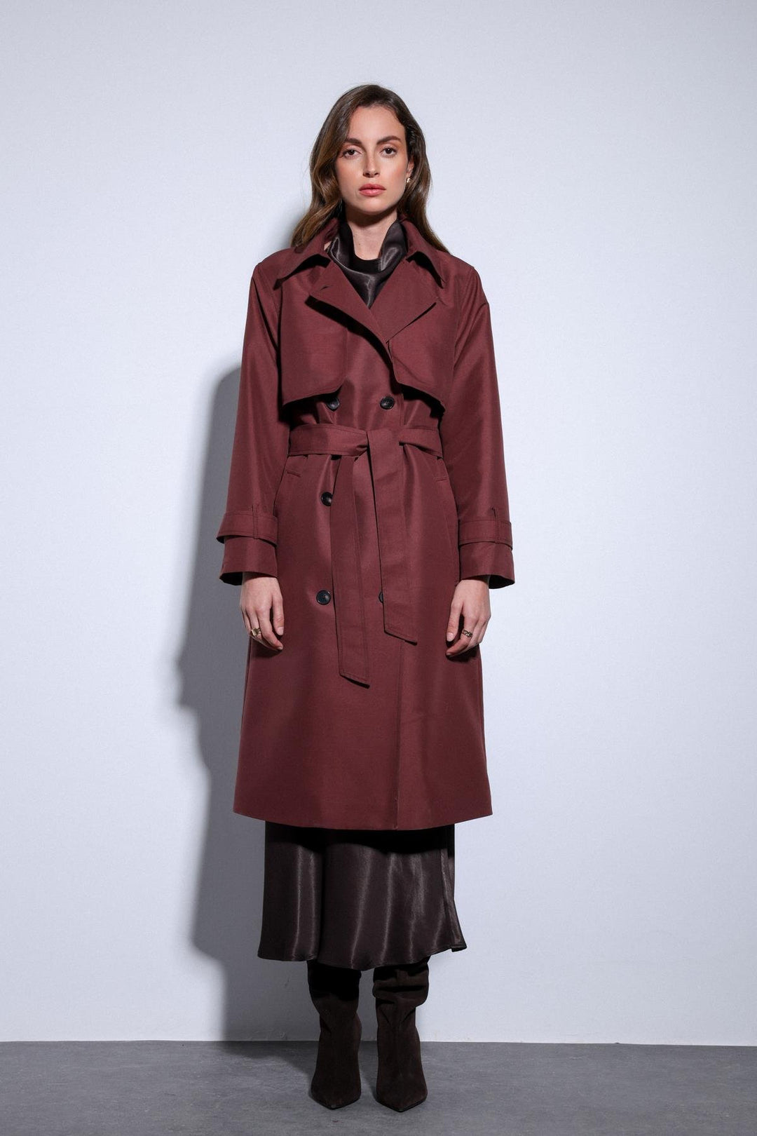 ANT Antioch Bordeaux Trench Coat with Wrap Belt for Women - Cholula de Rivadabia