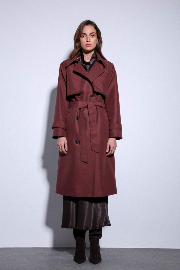 ANT Antioch Bordeaux Trench Coat with Wrap Belt for Women - Cholula de Rivadabia