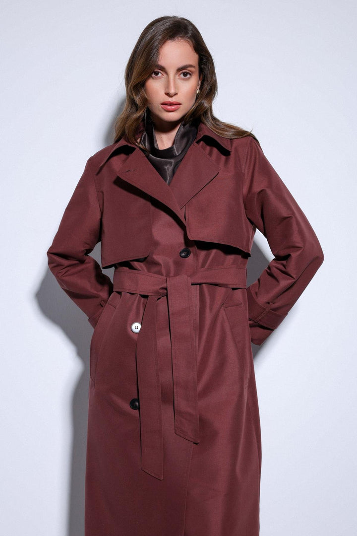 ANT Antioch Bordeaux Trench Coat with Wrap Belt for Women - Cholula de Rivadabia