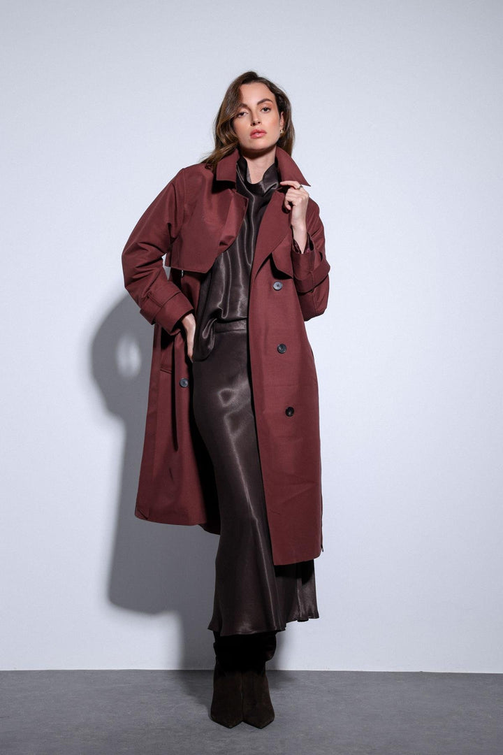 ANT Antioch Bordeaux Trench Coat with Wrap Belt for Women - Cholula de Rivadabia