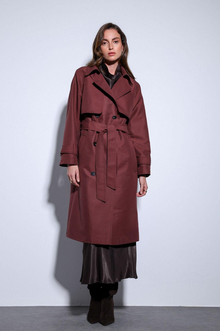 ANT Antioch Bordeaux Trench Coat with Wrap Belt for Women - Cholula de Rivadabia