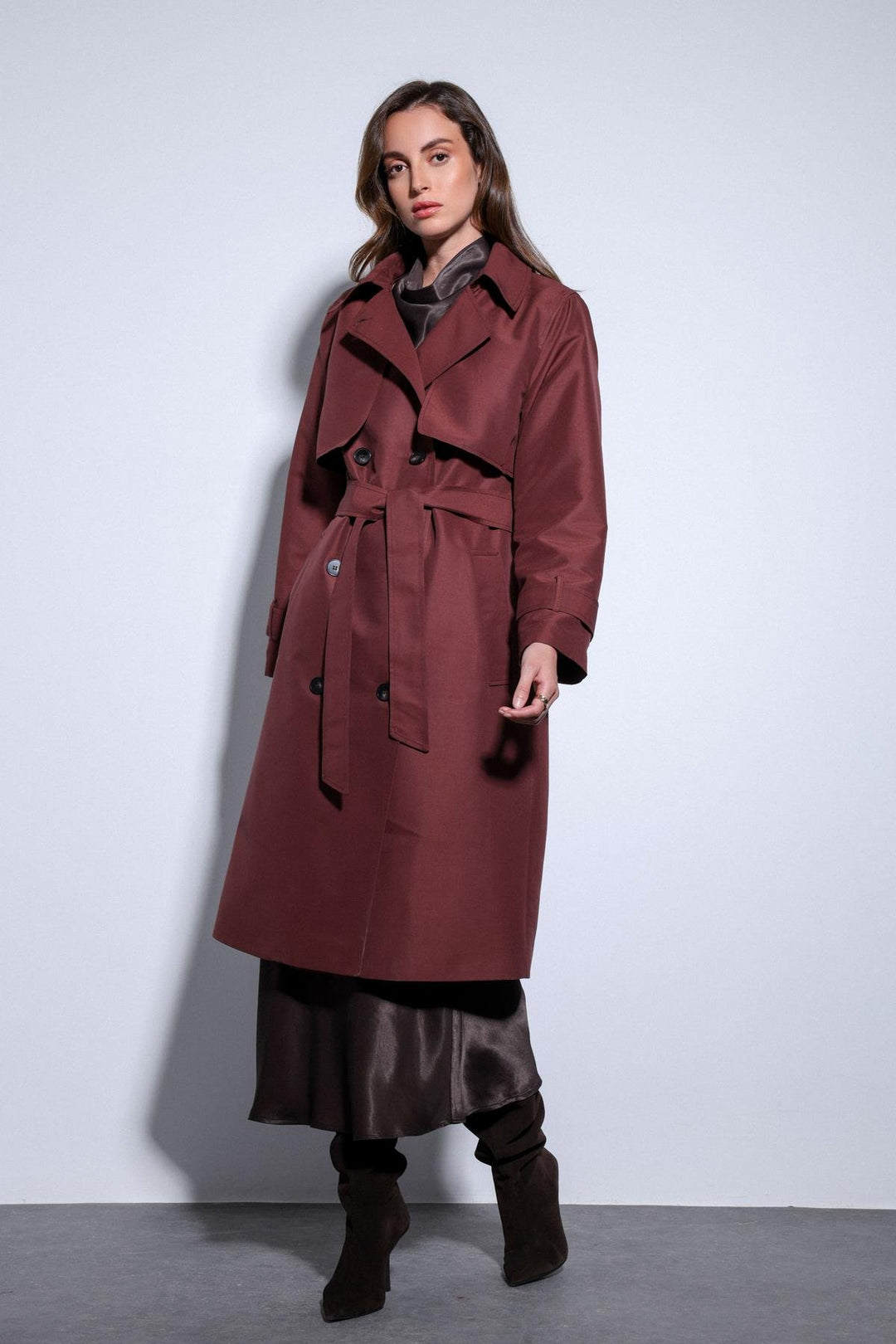 ANT Antioch Bordeaux Trench Coat with Wrap Belt for Women - Cholula de Rivadabia