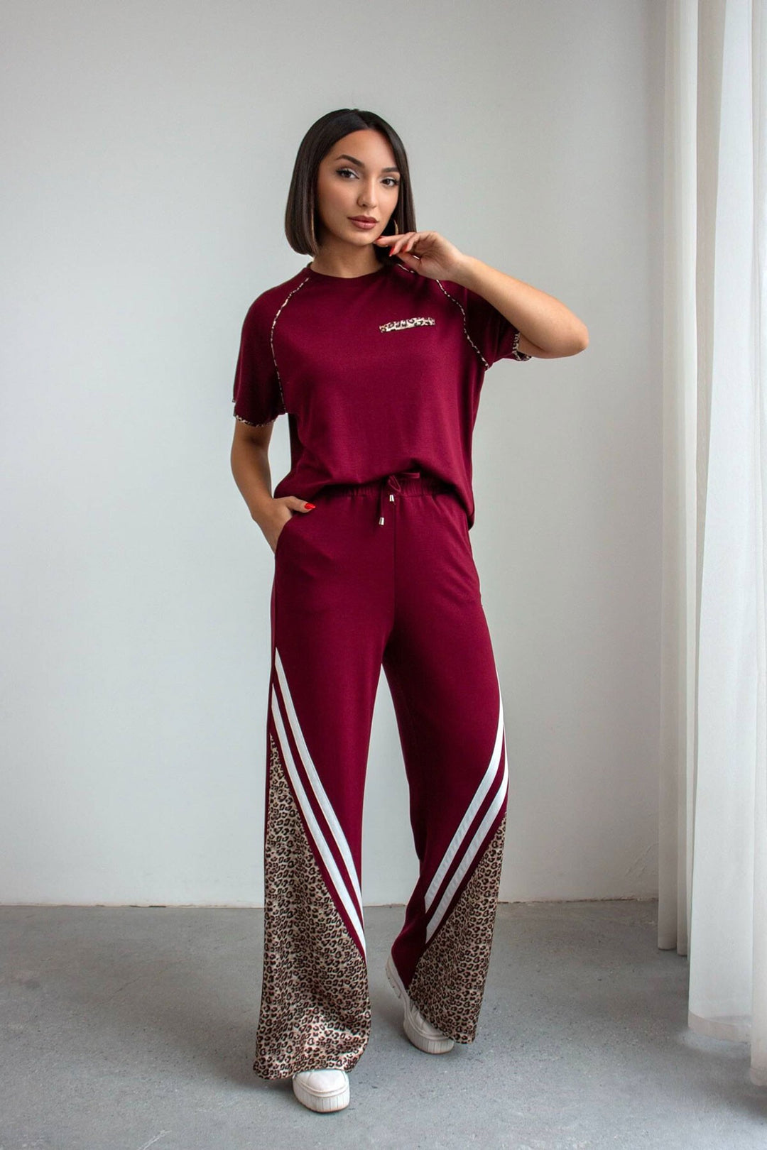 Bordo Leopar Garnili Modal Kumaş Alt Üst Takım - Worcester