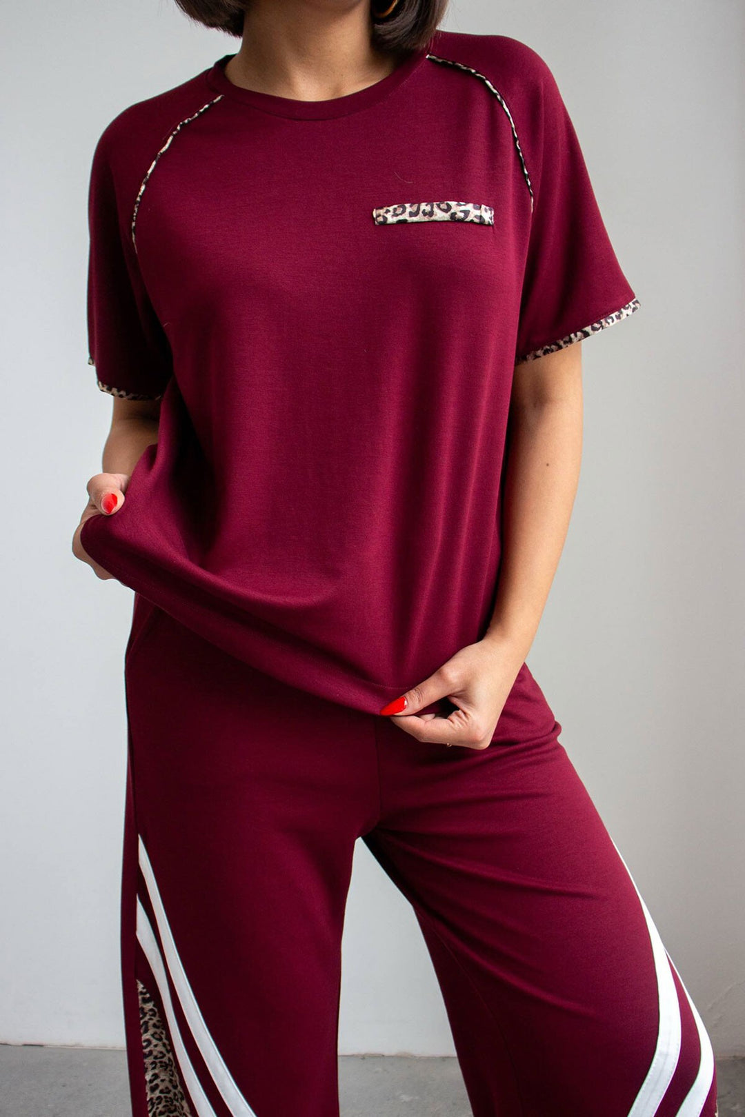 Bordo Leopar Garnili Modal Kumaş Alt Üst Takım - Worcester