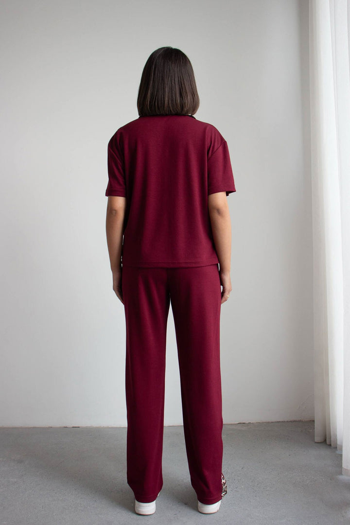 Bordo Leopar Garnili Modal Kumaş Alt Üst Takım - Mérida