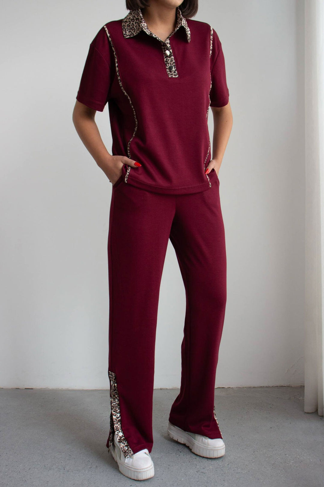 Bordo Leopar Garnili Modal Kumaş Alt Üst Takım - Mérida