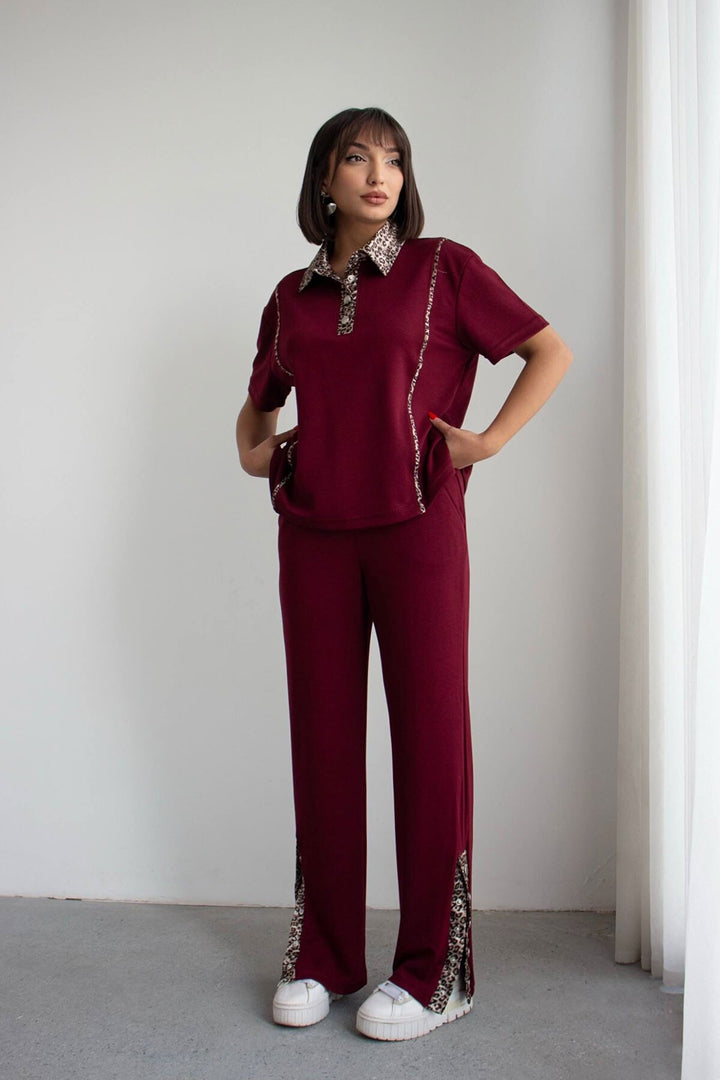 Bordo Leopar Garnili Modal Kumaş Alt Üst Takım - Mérida