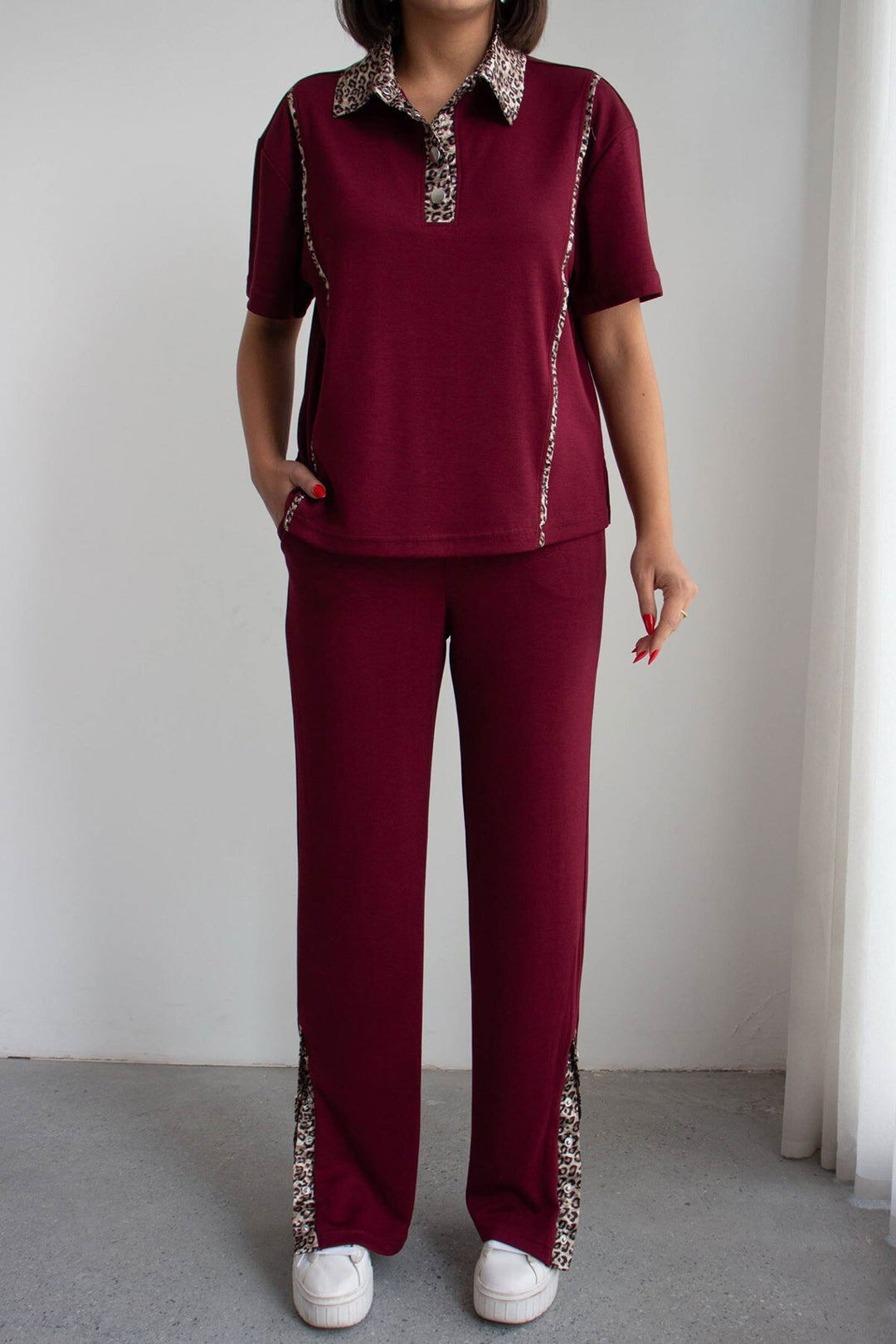 Bordo Leopar Garnili Modal Kumaş Alt Üst Takım - Mérida