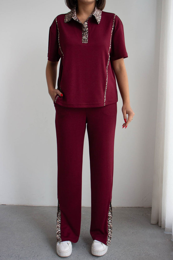 Bordo Leopar Garnili Modal Kumaş Alt Üst Takım - Mérida