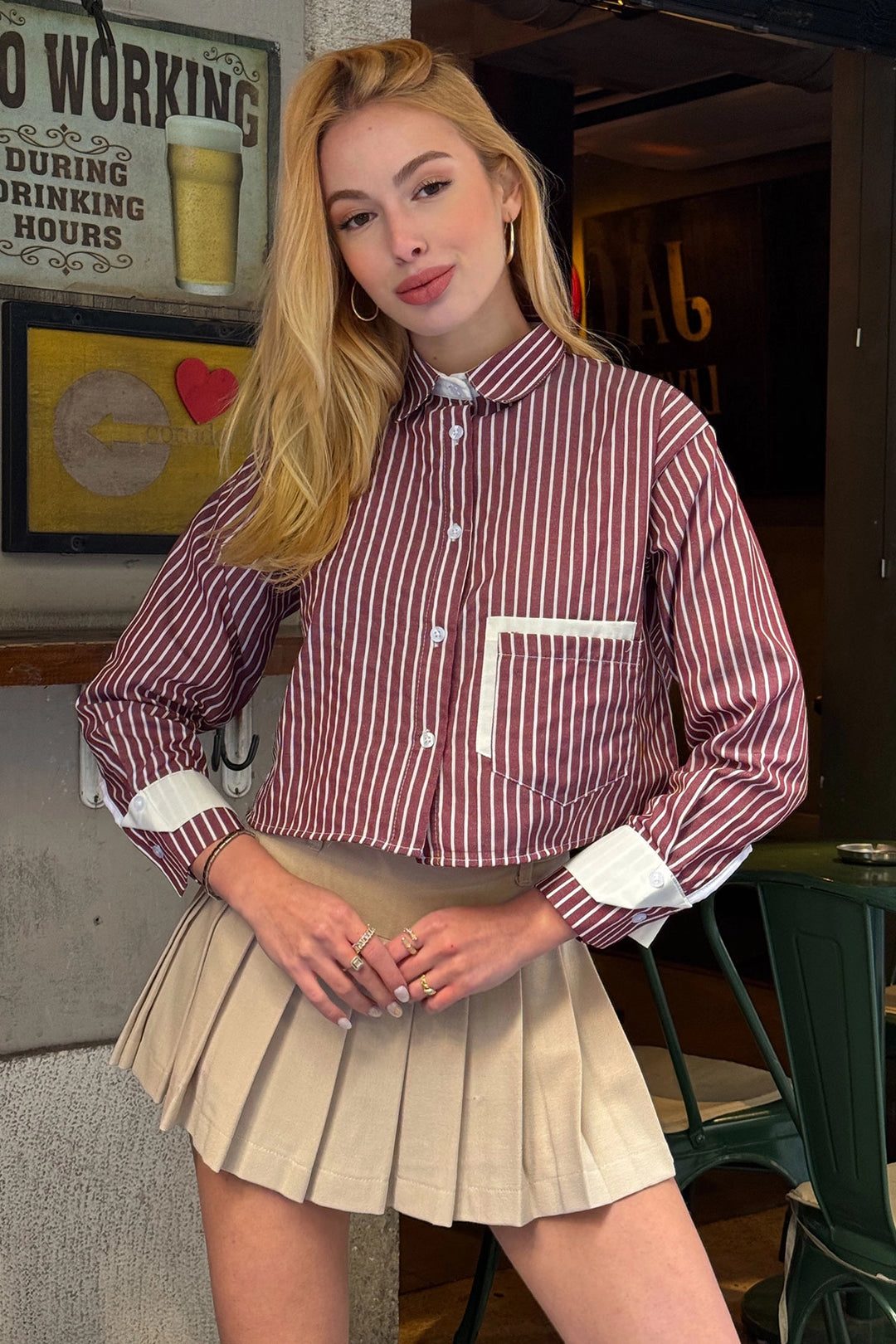 Burgundy Cuffed and Pocketed Striped Oversize Crop Woven Shirt with Garnish BC231036 - Bridlington