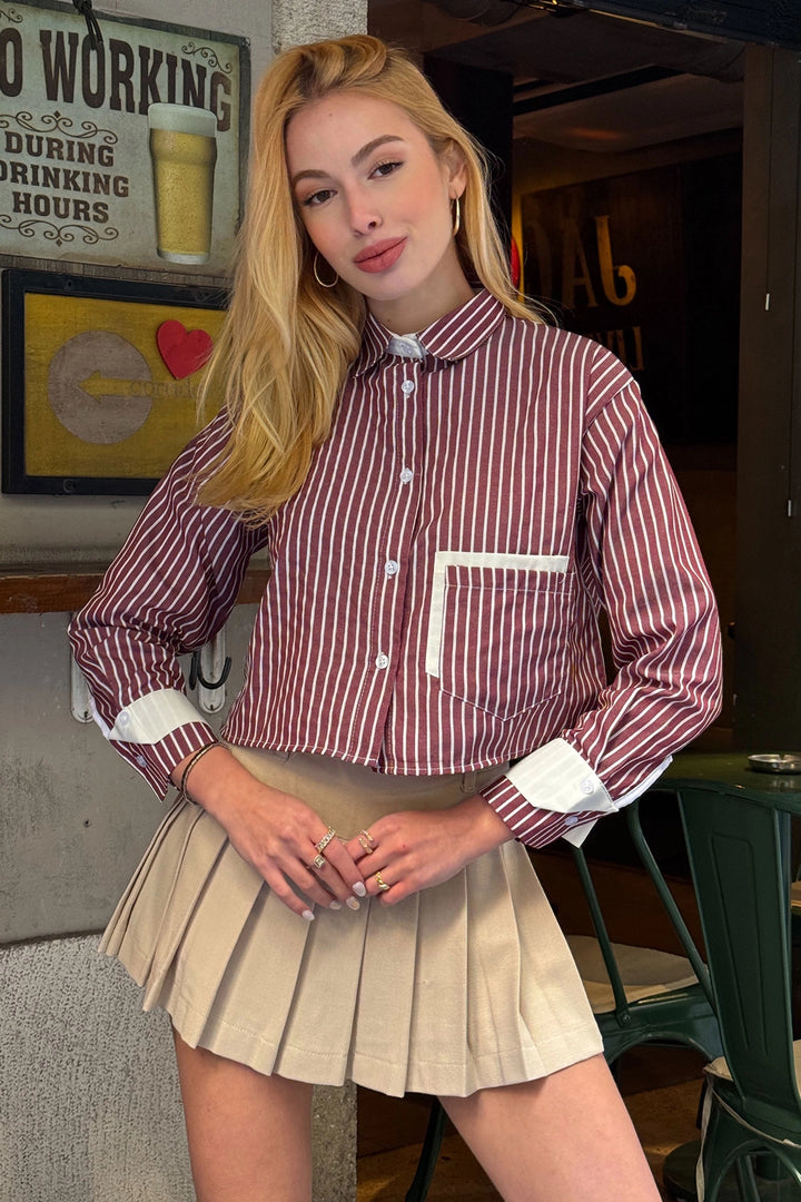 Burgundy Cuffed and Pocketed Striped Oversize Crop Woven Shirt with Garnish BC231036 - Bridlington
