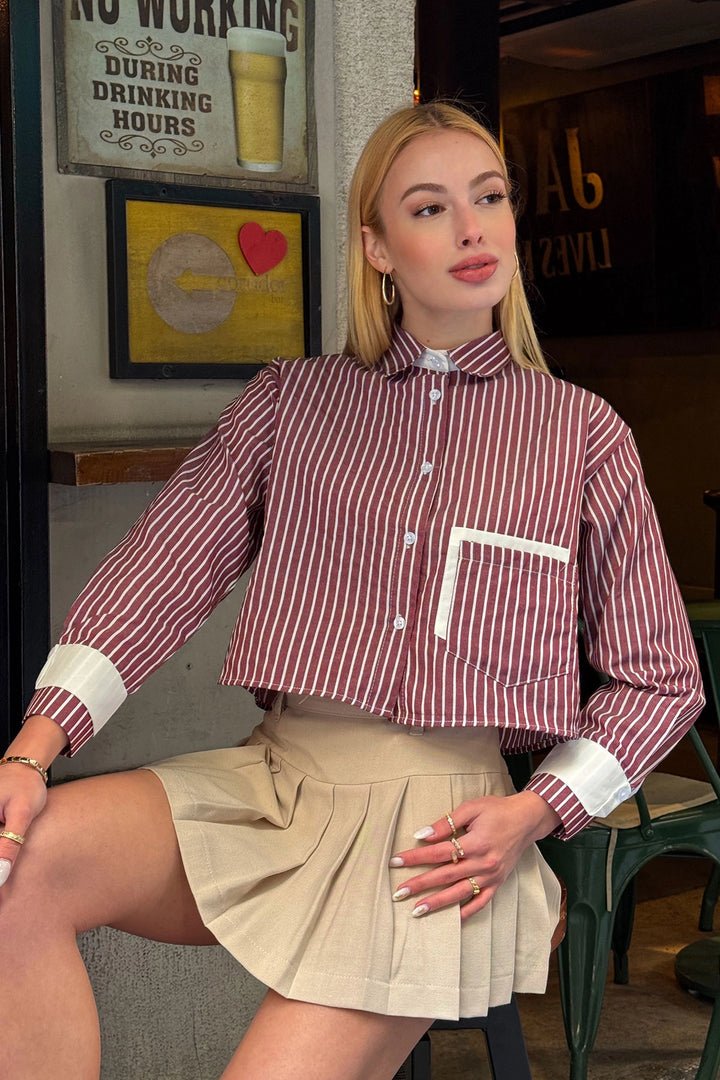 Burgundy Cuffed and Pocketed Striped Oversize Crop Woven Shirt with Garnish BC231036 - Bridlington