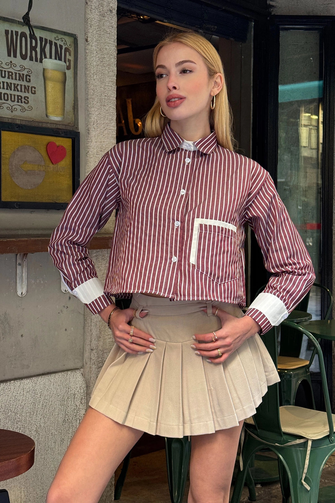 Burgundy Cuffed and Pocketed Striped Oversize Crop Woven Shirt with Garnish BC231036 - Bridlington