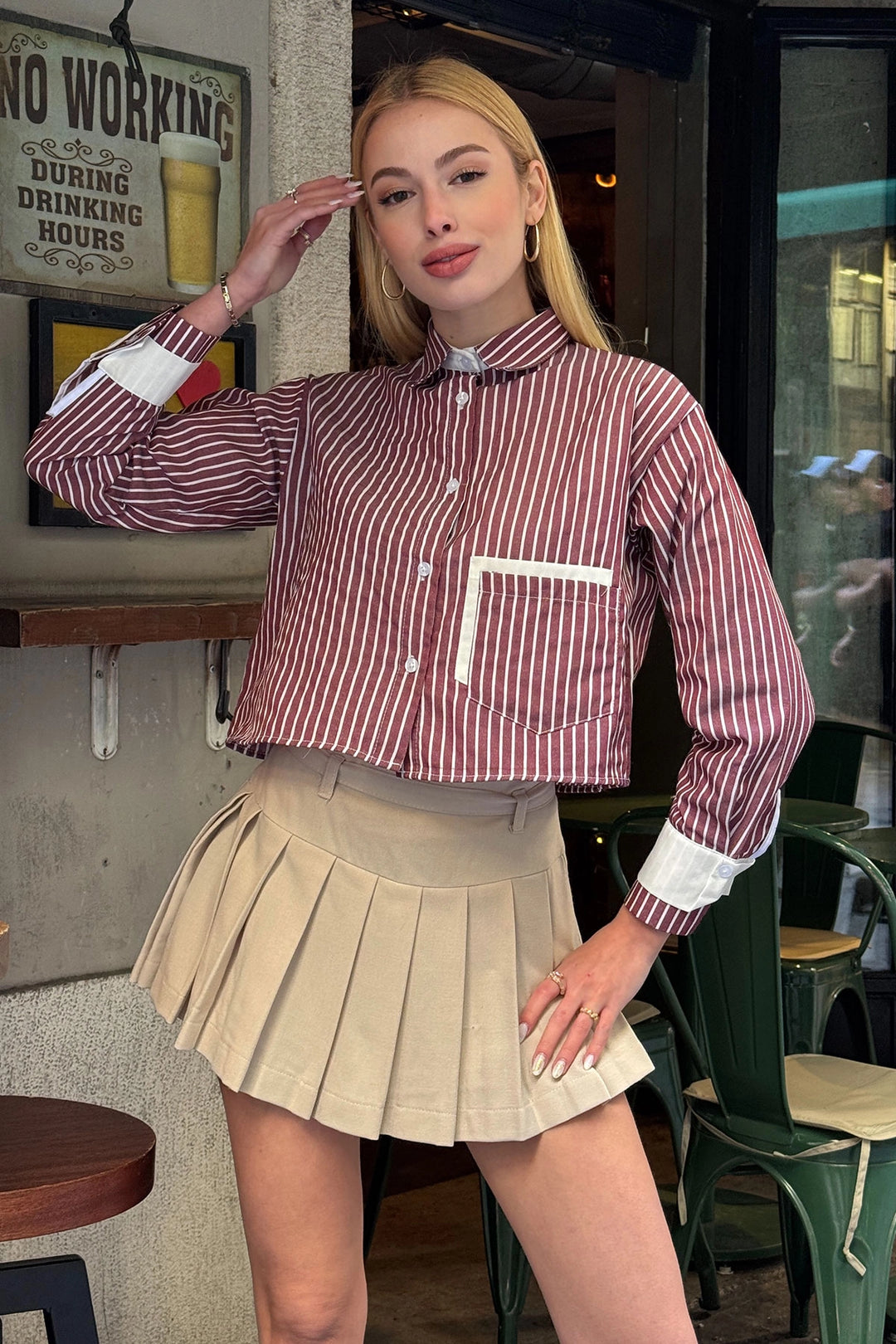 Burgundy Cuffed and Pocketed Striped Oversize Crop Woven Shirt with Garnish BC231036 - Bridlington