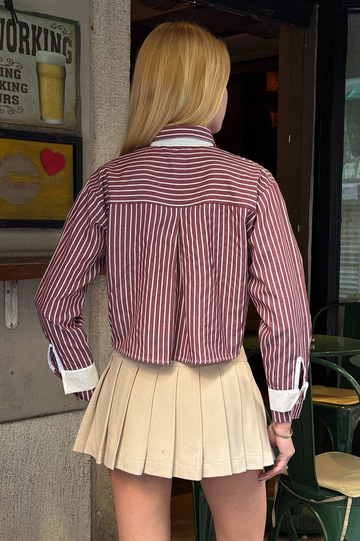 Burgundy Cuffed and Pocketed Striped Oversize Crop Woven Shirt with Garnish BC231036 - Bridlington