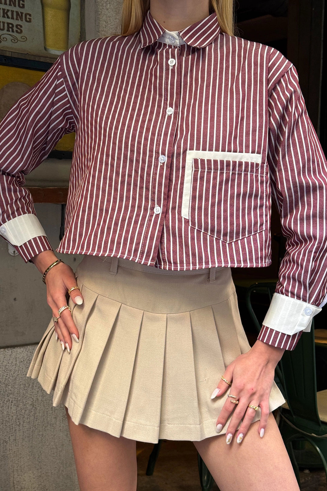 Burgundy Cuffed and Pocketed Striped Oversize Crop Woven Shirt with Garnish BC231036 - Bridlington