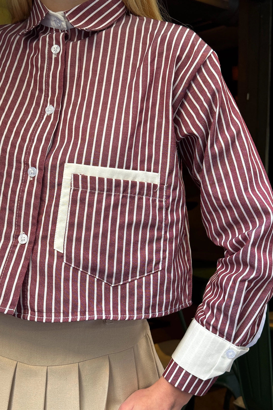 Burgundy Cuffed and Pocketed Striped Oversize Crop Woven Shirt with Garnish BC231036 - Bridlington