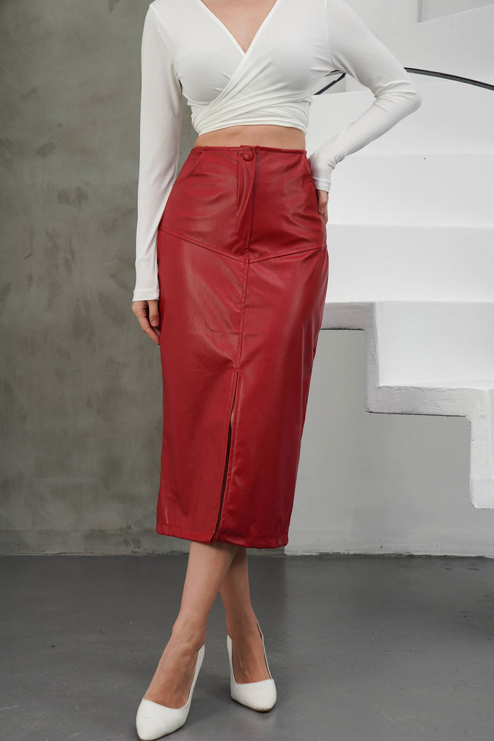 Bordo Midi Boy Yırtmaçlı Suni Deri Etek BCHN-2526428 - The Woodlands