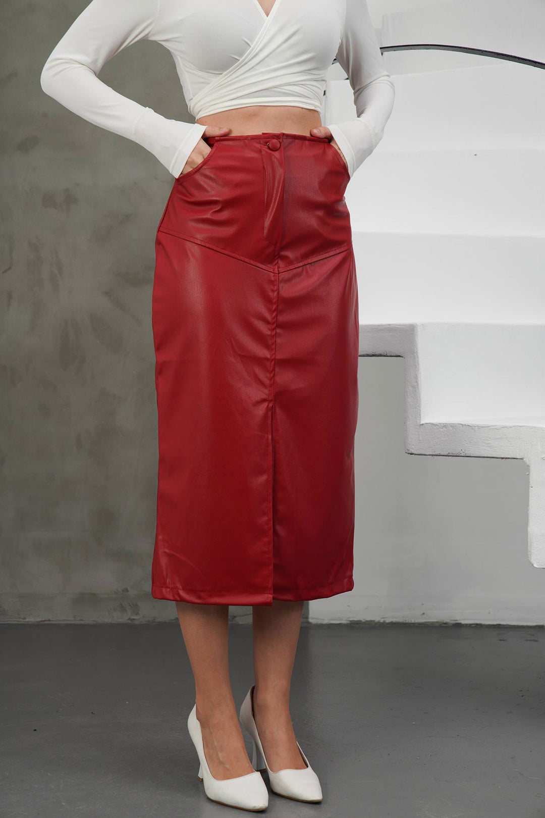Bordo Midi Boy Yırtmaçlı Suni Deri Etek BCHN-2526428 - The Woodlands