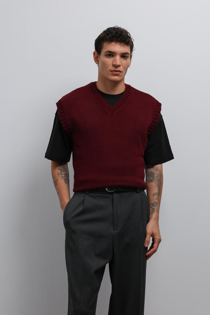ANT Antioch Bordo Örgü Erkek Triko Yelek - Calimera