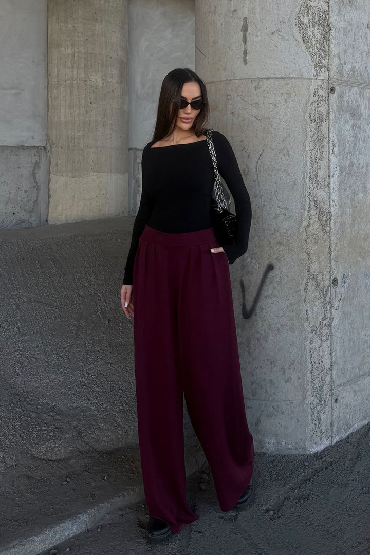 Burgundy Pile Detailed Spanish Ultra Soft Fabric Trousers BCDF-25P0002 - Elizabethtown
