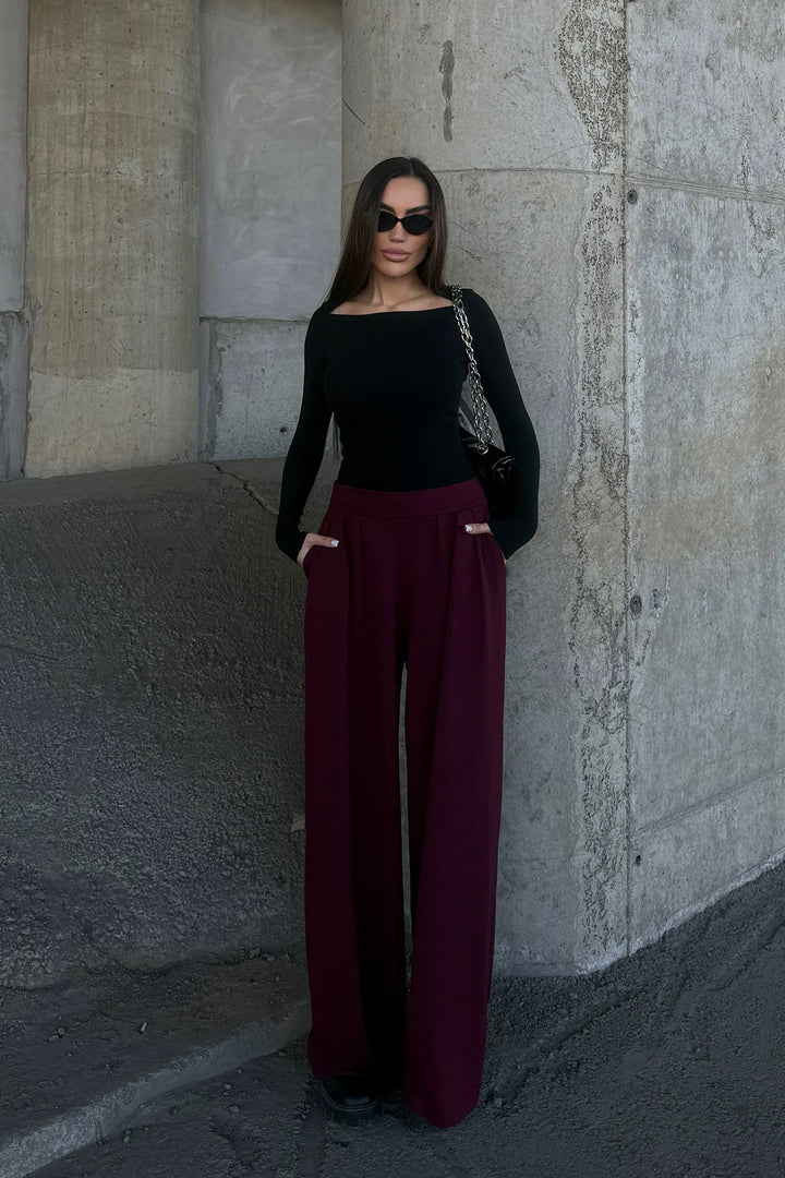 Burgundy Pile Detailed Spanish Ultra Soft Fabric Trousers BCDF-25P0002 - Elizabethtown